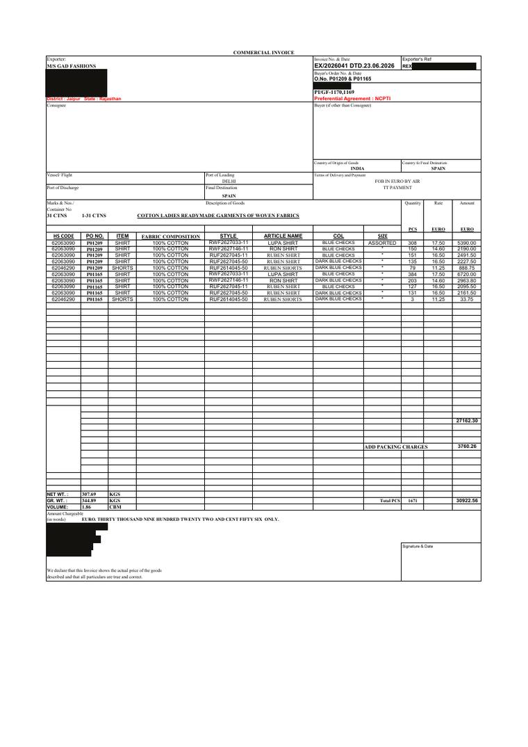 Commercial Invoice + Packing List page 1