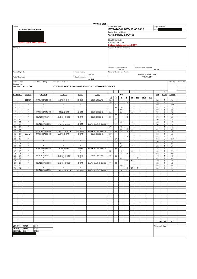 Commercial Invoice + Packing List page 2